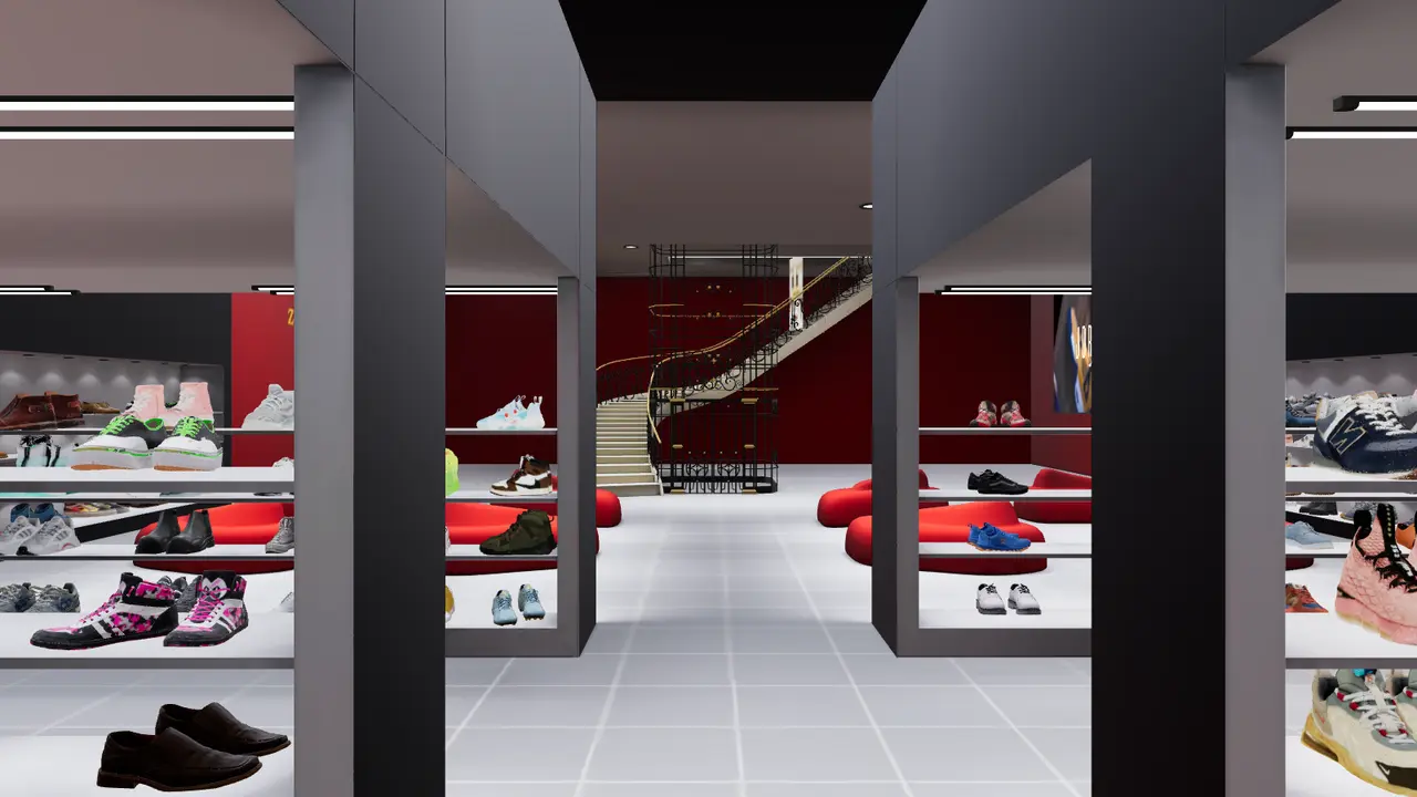 Zelviano footwear showroom with product labels and a WhatsApp chat button